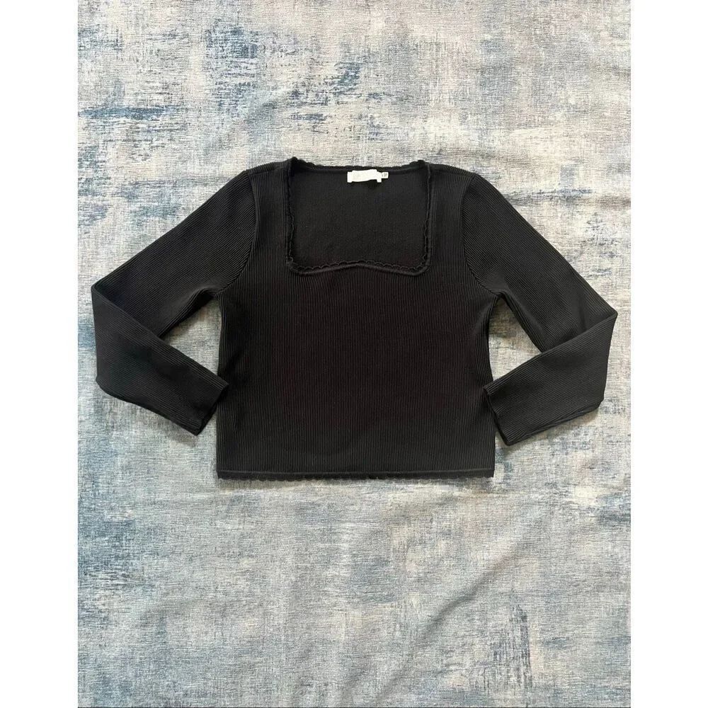 ASTR The Label Black Scallop Trim Ribbed Knit Long Sleeve Top XL